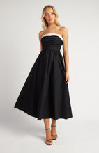 Load image into Gallery viewer, Black &amp; White Cotton contrast Neckline Ruched Bodice Midi Dress