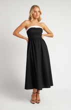 Load image into Gallery viewer, Black &amp; White Cotton contrast Neckline Ruched Bodice Midi Dress