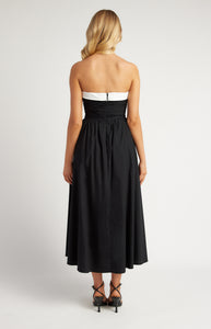 Black & White Cotton contrast Neckline Ruched Bodice Midi Dress