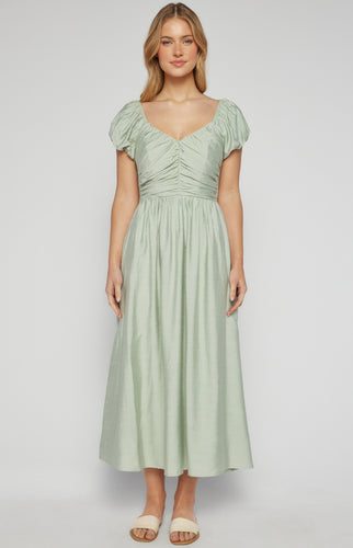 Sage Bubble Sleeve Gathered Bodice Midi Dress