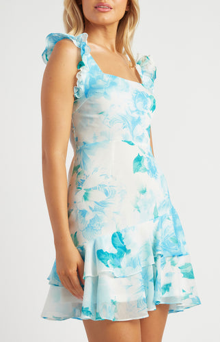Blue Floral Chiffon Mini Dress with Ruffled Strap Detail