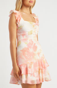 Peach Floral Chiffon Mini Dress with Ruffled Strap Detail