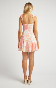 Peach Floral Chiffon Mini Dress with Ruffled Strap Detail