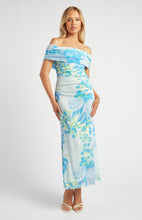 Load image into Gallery viewer, Multi Blue Tissue Jersey Off The Shoulder Floral Print Maxi Dress