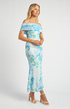 Load image into Gallery viewer, Multi Blue Tissue Jersey Off The Shoulder Floral Print Maxi Dress