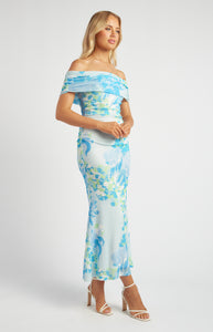 Multi Blue Tissue Jersey Off The Shoulder Floral Print Maxi Dress