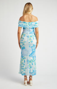 Multi Blue Tissue Jersey Off The Shoulder Floral Print Maxi Dress