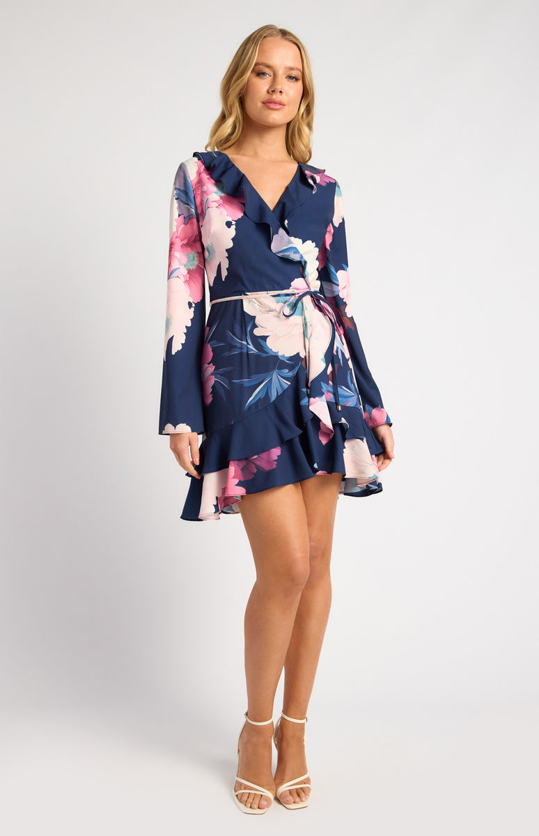 Navy & Pink Floral Print Ruffle Detail Mini Dress (Exclusive Print ...