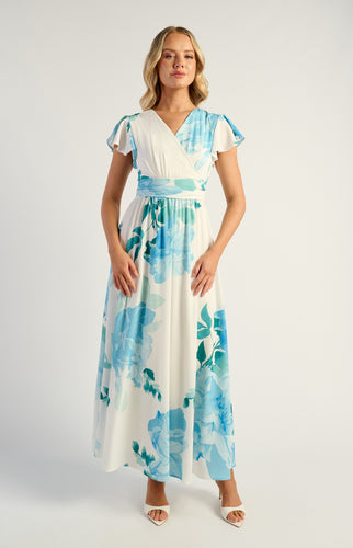 Blue Floral Maxi Dress with Butterfly Sleeve