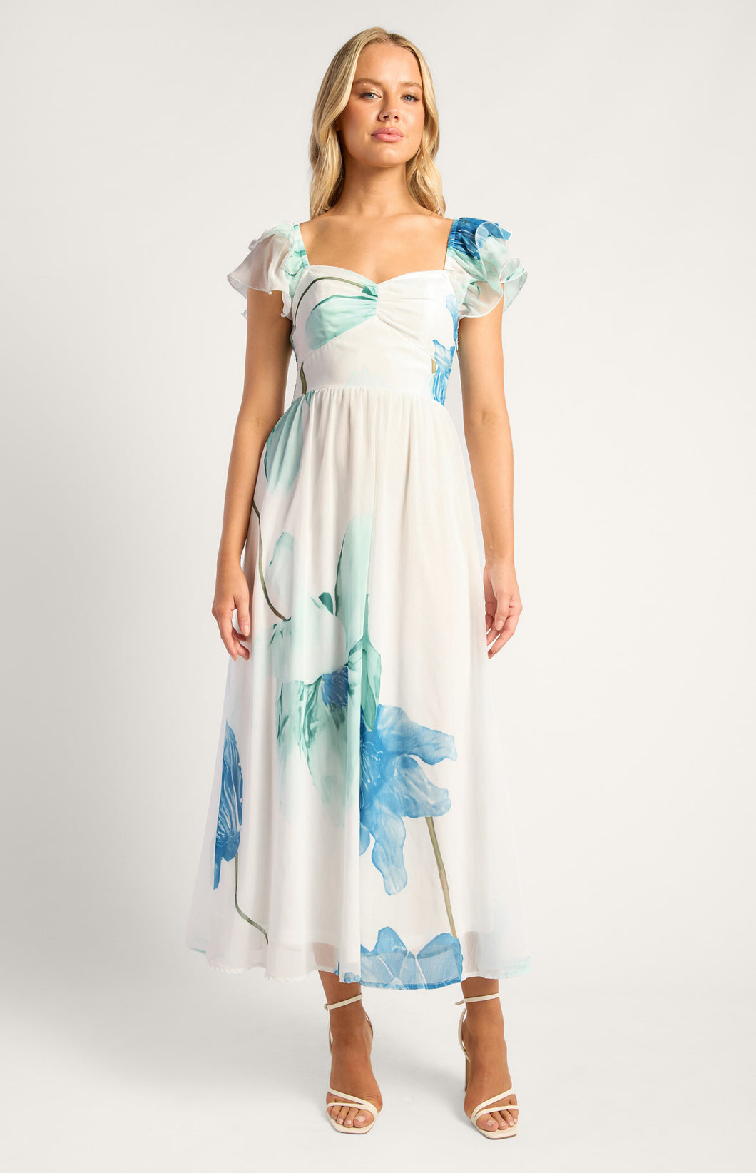 Wildflower Floral Print Sweetheart Neckline Chiffon Dress