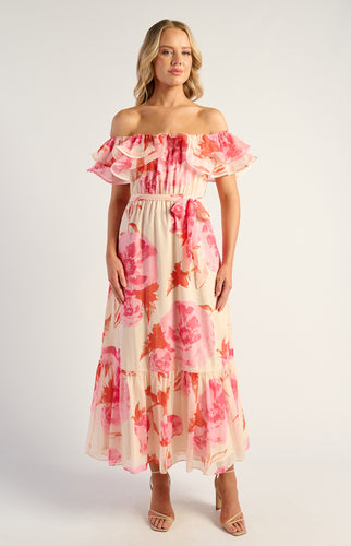 Pink Floral Off The Shoulder Chiffon Dress