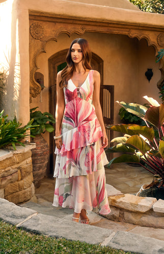 Pink Floral Oasis Marble Beaded Keyhole Neckline Tiered Hem Maxi Dress