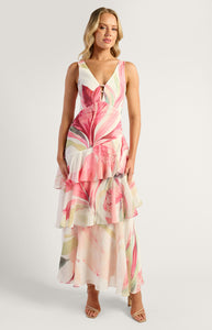 Pink Floral Oasis Marble Beaded Keyhole Neckline Tiered Hem Maxi Dress
