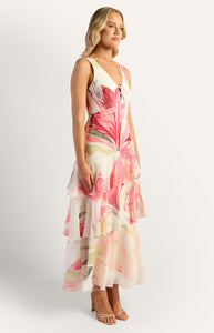 Pink Floral Oasis Marble Beaded Keyhole Neckline Tiered Hem Maxi Dress
