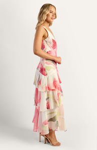 Pink Floral Oasis Marble Beaded Keyhole Neckline Tiered Hem Maxi Dress