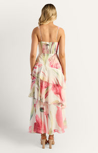 Pink Floral Oasis Marble Beaded Keyhole Neckline Tiered Hem Maxi Dress