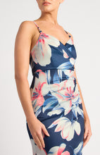 Load image into Gallery viewer, Navy &amp; Pink Floral Stretch Bodycon Dress with Beaded Strap and Tulip Hemline