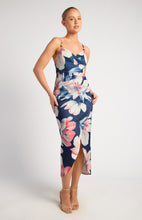 Load image into Gallery viewer, Navy &amp; Pink Floral Stretch Bodycon Dress with Beaded Strap and Tulip Hemline