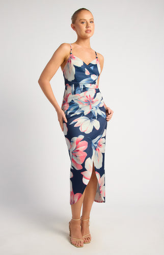 Navy & Pink Floral Stretch Bodycon Dress with Beaded Strap and Tulip Hemline