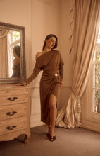 Load image into Gallery viewer, Mocha Asymmetric Neckline Satin Dress with Gold Buckle