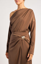 Load image into Gallery viewer, Mocha Asymmetric Neckline Satin Dress with Gold Buckle