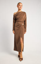 Load image into Gallery viewer, Mocha Asymmetric Neckline Satin Dress with Gold Buckle