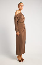 Load image into Gallery viewer, Mocha Asymmetric Neckline Satin Dress with Gold Buckle