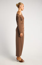 Load image into Gallery viewer, Mocha Asymmetric Neckline Satin Dress with Gold Buckle