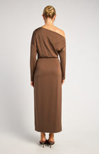 Load image into Gallery viewer, Mocha Asymmetric Neckline Satin Dress with Gold Buckle