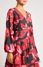 Load image into Gallery viewer, Black &amp; Red Floral Long Sleeve Mini Dress with Ruffle Hem