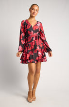 Load image into Gallery viewer, Black &amp; Red Floral Long Sleeve Mini Dress with Ruffle Hem