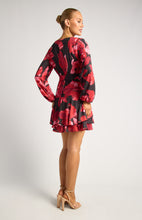 Load image into Gallery viewer, Black &amp; Red Floral Long Sleeve Mini Dress with Ruffle Hem