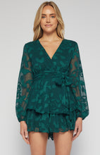Load image into Gallery viewer, Emerald Green Burnout Long Sleeve Playsuit with Ruffle Hem