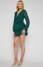 Load image into Gallery viewer, Emerald Green Burnout Long Sleeve Playsuit with Ruffle Hem