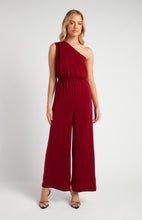 Load image into Gallery viewer, Wine One Shoulder Wide Leg Jumpsuit with waist detail