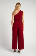 Load image into Gallery viewer, Wine One Shoulder Wide Leg Jumpsuit with waist detail