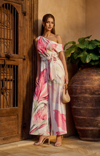 Pink Oasis Floral One Shoulder Jumpsuit with Self Fabric Tie Waist