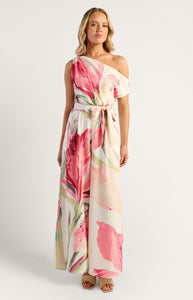 Pink Oasis Floral One Shoulder Jumpsuit with Self Fabric Tie Waist