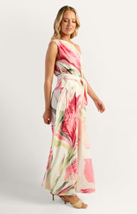Pink Oasis Floral One Shoulder Jumpsuit with Self Fabric Tie Waist