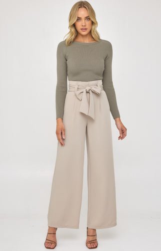 Beige Paper Bag Waist Wide Leg Pants