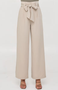 Beige Paper Bag Waist Wide Leg Pants