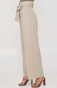 Beige Paper Bag Waist Wide Leg Pants