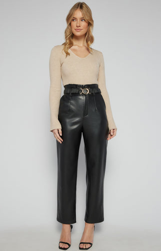 Black Faux Leather Paper Bag Waist Pants with Gold Buckle Belt