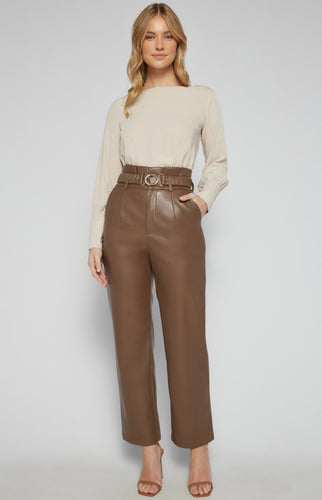 Chocolate Faux Leather Paper Bag Waist Pants with Gold Buckle Belt