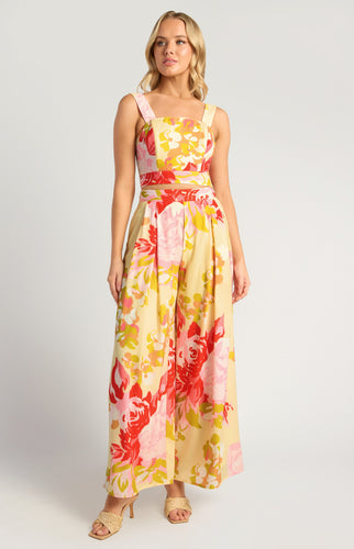 Lemon & Red Abstract Two Piece Top and Wide Leg High Waisted Pant Set with Pockets