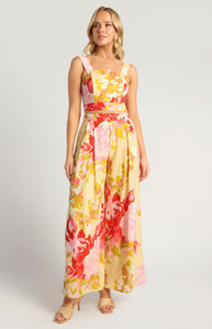 Lemon & Red Abstract Two Piece Top and Wide Leg High Waisted Pant Set with Pockets