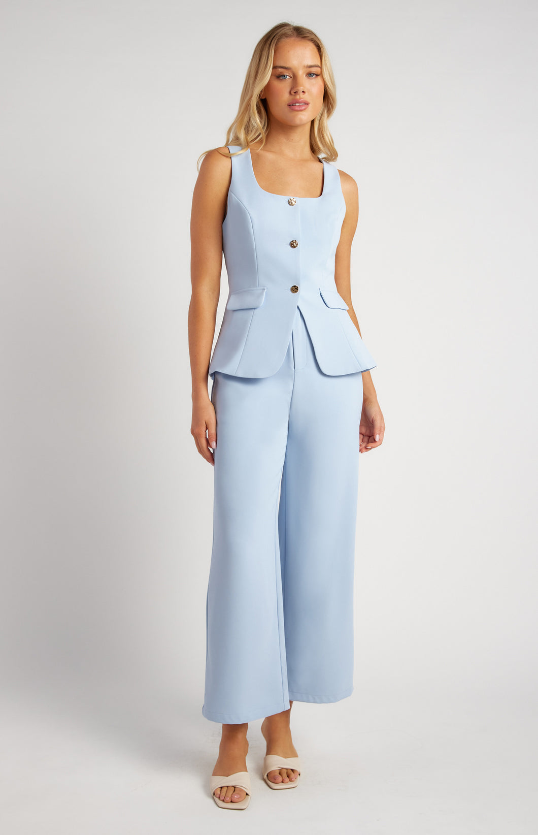 Pale Blue Two Piece Button Detail Vest and Pant Set