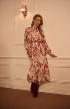 Load image into Gallery viewer, Mulberry Petal Printed Chiffon Set with Ruched Top and Maxi Skirt