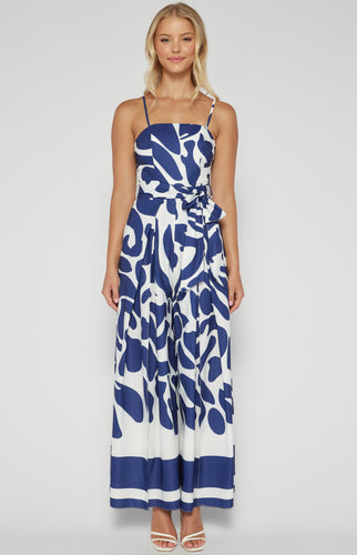 Navy Blue & White Placement Print Strapless Jumpsuit