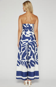 Navy Blue & White Placement Print Strapless Jumpsuit